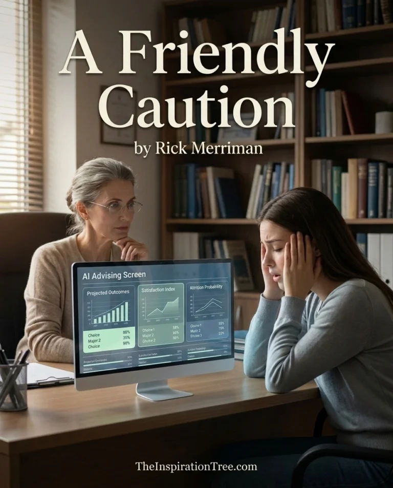 A university counselor and student watch an AI advising screen select one of three possible college majors.