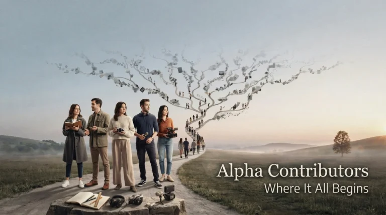 a scene of several Alpha creatives, behind them is a parting in the shape of a tree leading to furure contributions