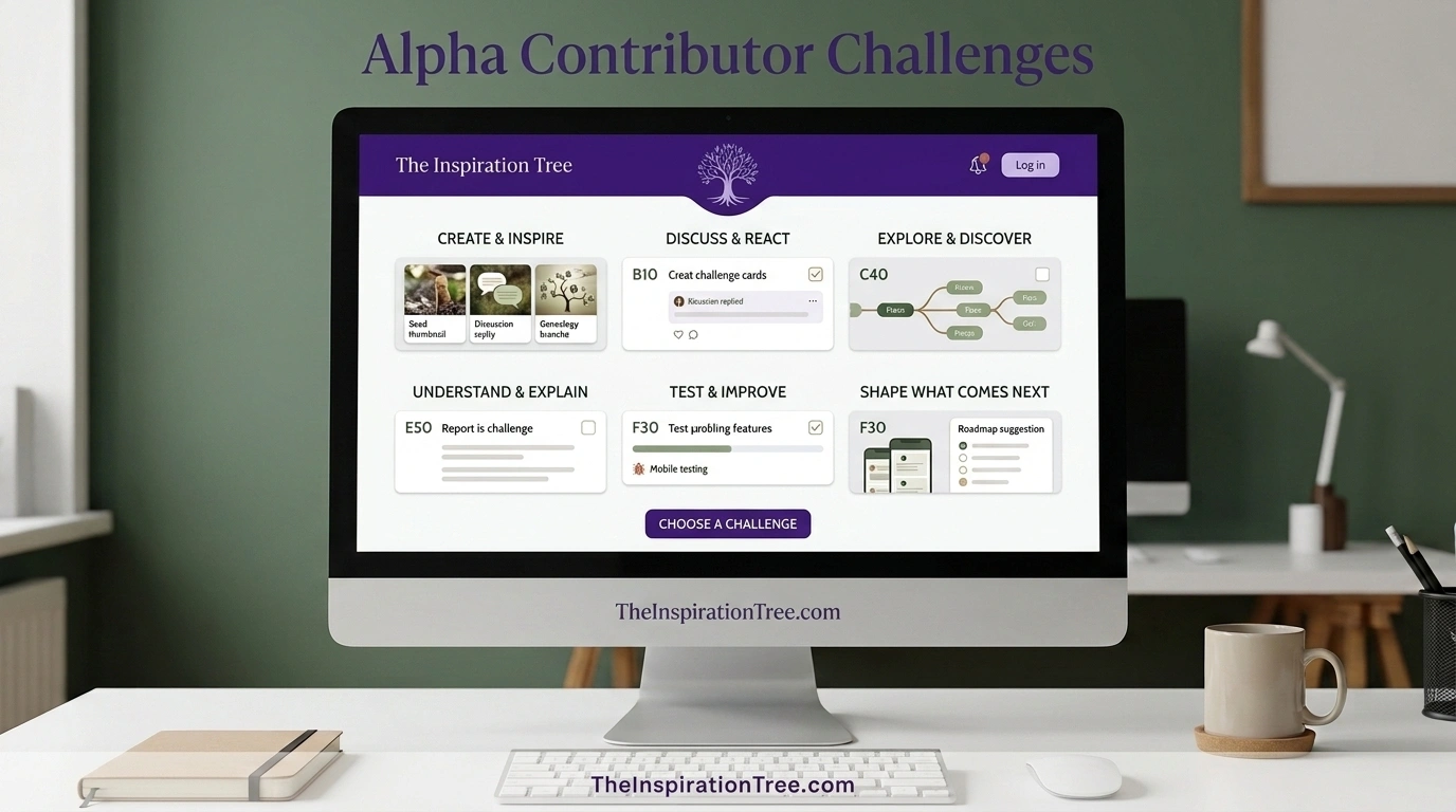 The Inspiration Tree Alpha Contributor Challenges dashboard showing tasks for creating Seeds, discussions, exploration, testing, and future development.