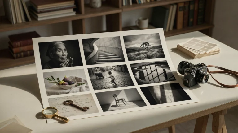a photographer's contact sheet showing 9 very different photograph's inspired by the same seed idea