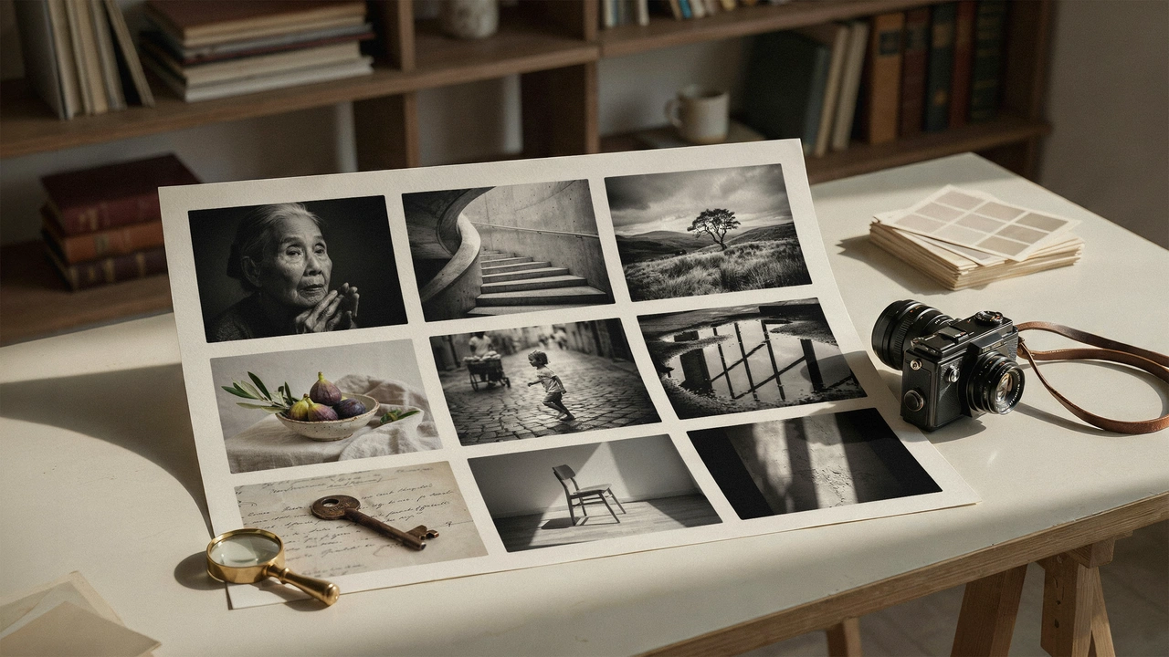 a photographer's contact sheet showing 9 very different photograph's inspired by the same seed idea