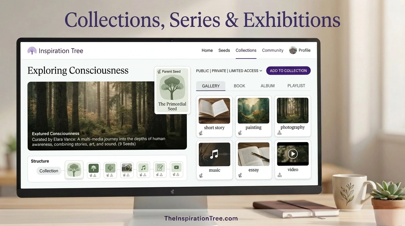 The Inspiration Tree concept interface showing Seeds organized into a creative Collection with gallery, book, album, playlist, and access options.
