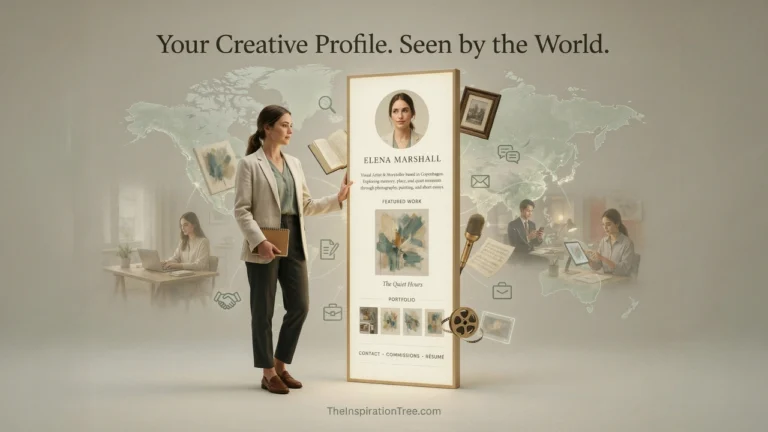 A creator's Inspiration Tree profile presented as a public portfolio connecting their creative work with people and professional opportunities around the world.