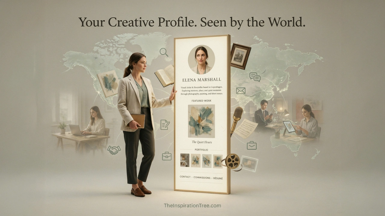 A creator's Inspiration Tree profile presented as a public portfolio connecting their creative work with people and professional opportunities around the world.