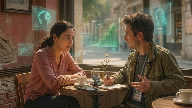 Yara and a reporter discussing if the AI Eli could be god or Divine