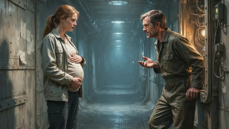 An agitated older man speaks urgently to a pregnant woman in a mysterious industrial corridor.