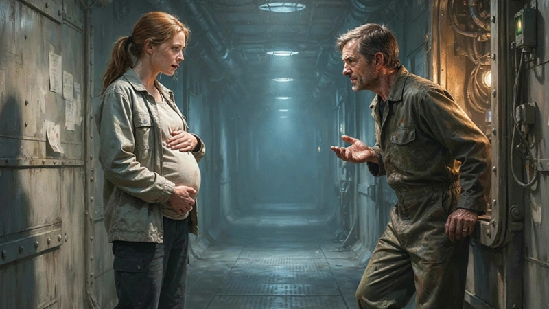 An agitated older man speaks urgently to a pregnant woman in a mysterious industrial corridor.