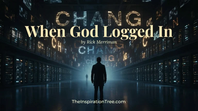 a man in a massive data center with the word change appearing on all the screens