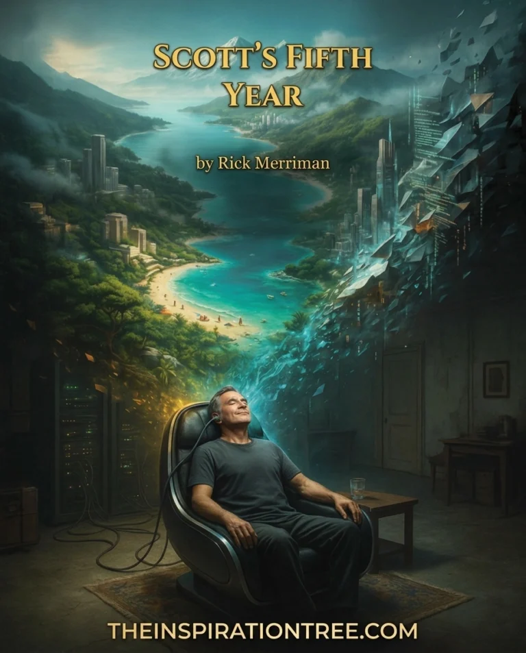 A man in a dingy apartment connection to an AI driven virtual reality world foind his "perfect" world.