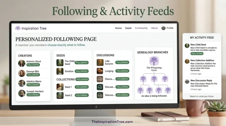 The Inspiration Tree concept showing members following creators, Seeds, Collections, discussions, and genealogy branches with a personalized activity feed.