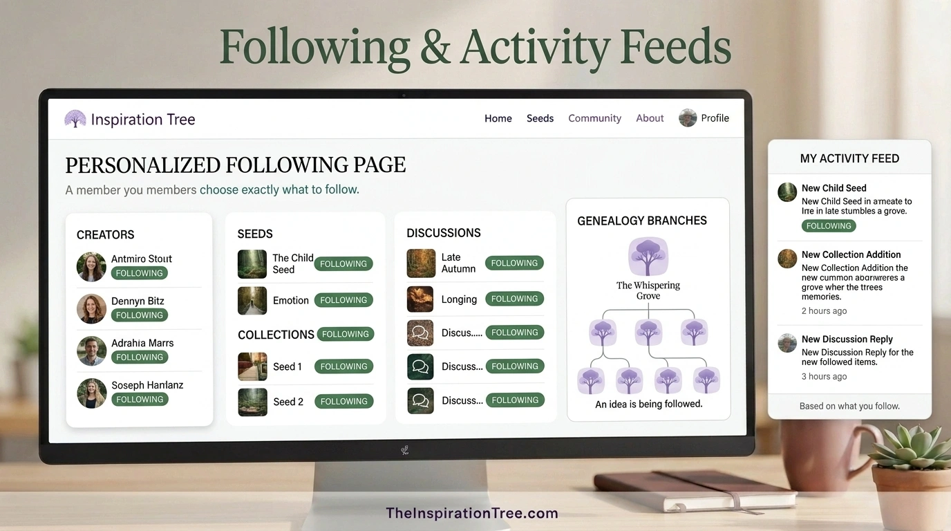 The Inspiration Tree concept showing members following creators, Seeds, Collections, discussions, and genealogy branches with a personalized activity feed.