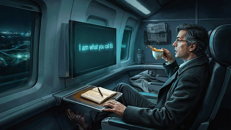 A man on a train spilling his tea when and AI "God" talks to him over a computer screen