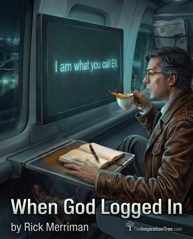 a reporter meets an AI god on the train via TV screen interface interface