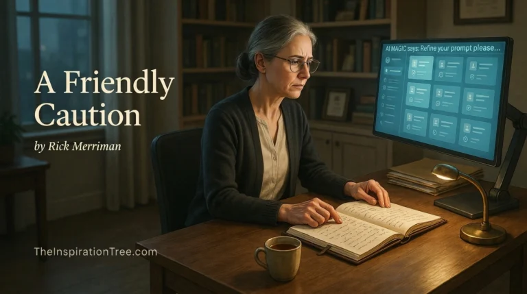 A confused university counselor sits before a glowing AI advising screen telling her to refine her prompt
