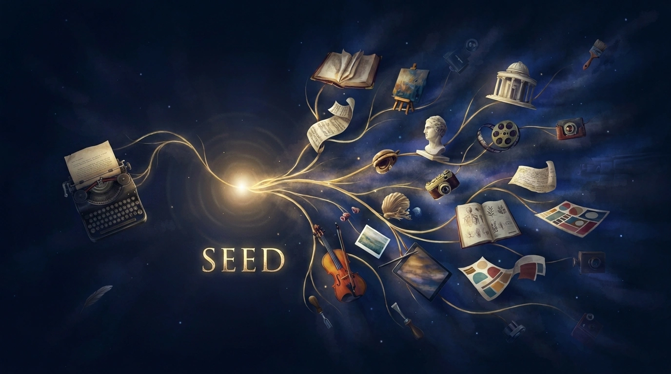 a Seed and a star in space with branched of creativity coming from it