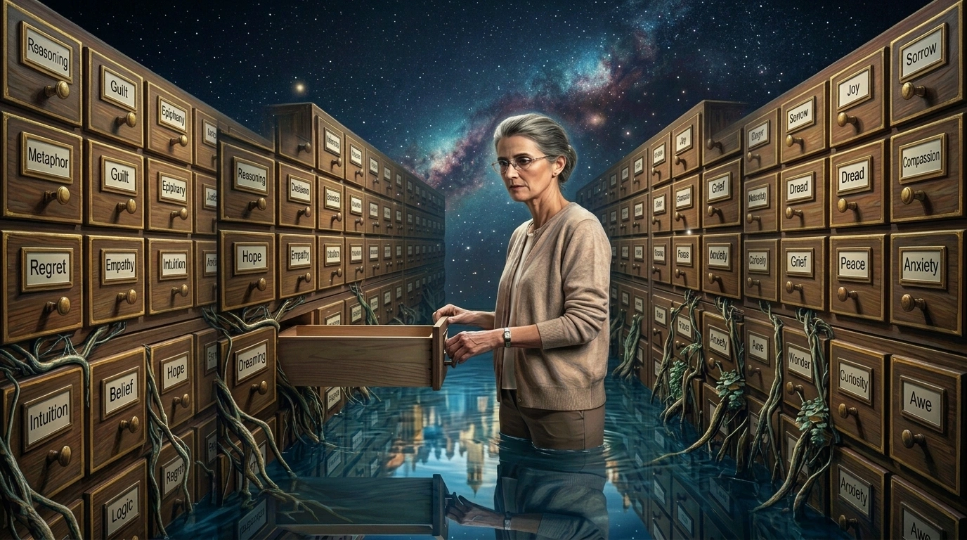 Creative Prompt. A woman opens a drawer in a surreal endless archive where cabinets labeled with emotions and ideas grow roots beneath a star-filled universe.
