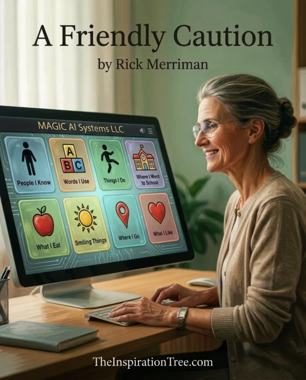 A happy older university counselor uses a simplified AI interface with basic selection cards for people, words, food, places, and everyday activities.