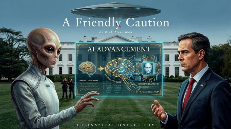 An alien visitor warns the President about artificial intelligence on the White House lawn as an alien spacecraft hovers overhead.
