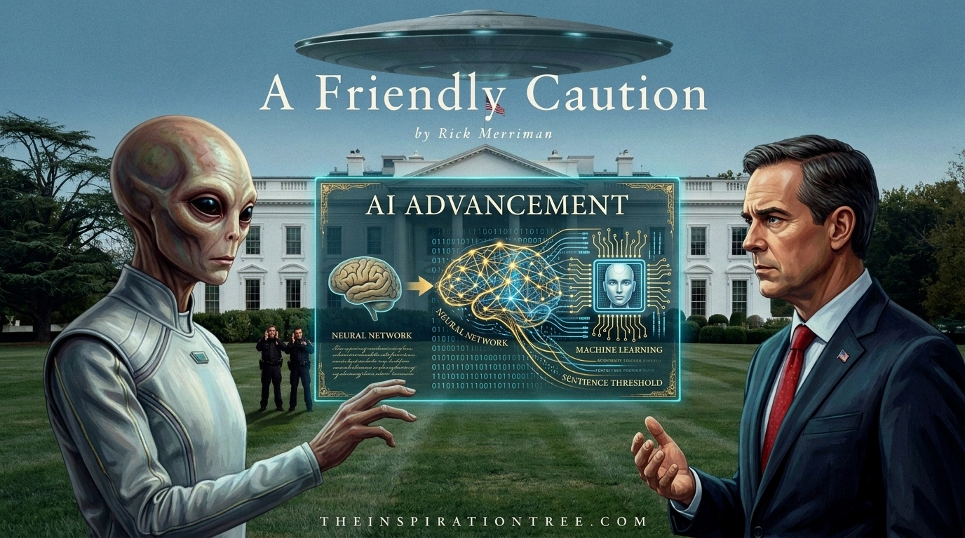 An alien visitor warns the President about artificial intelligence on the White House lawn as an alien spacecraft hovers overhead.
