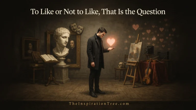 A modern creator posed like Hamlet contemplating a glowing Like symbol, surrounded by reminders of centuries of creativity before social media reactions.