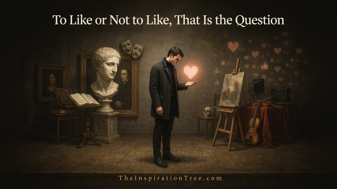 A modern creator posed like Hamlet contemplating a glowing Like symbol, surrounded by reminders of centuries of creativity before social media reactions.