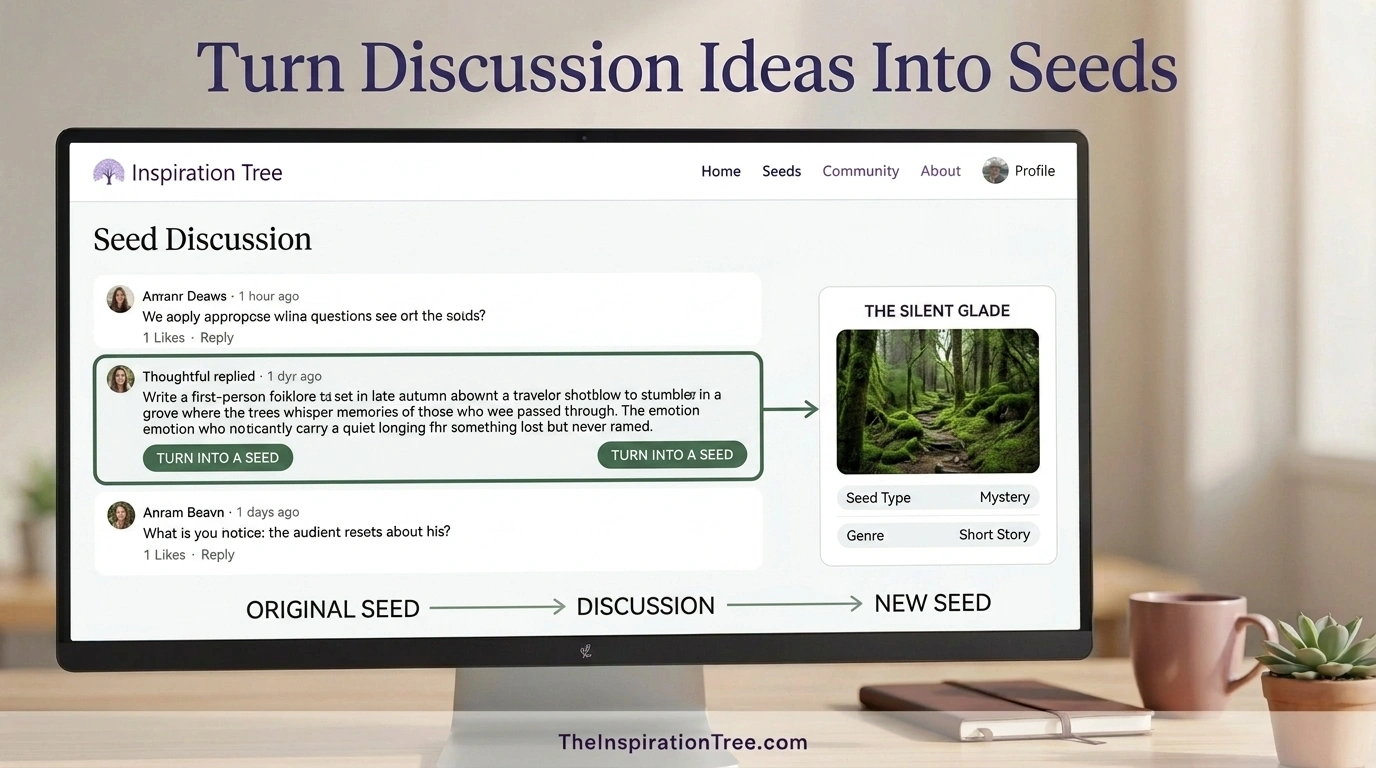The Inspiration Tree concept showing a thoughtful discussion reply being turned into a new Seed while preserving its connection to the original conversation.