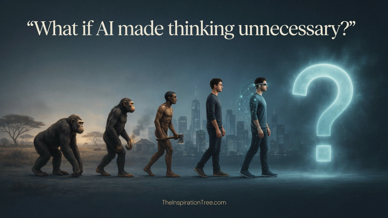 showing the evolution of man including "AI Man" relyiing on technology