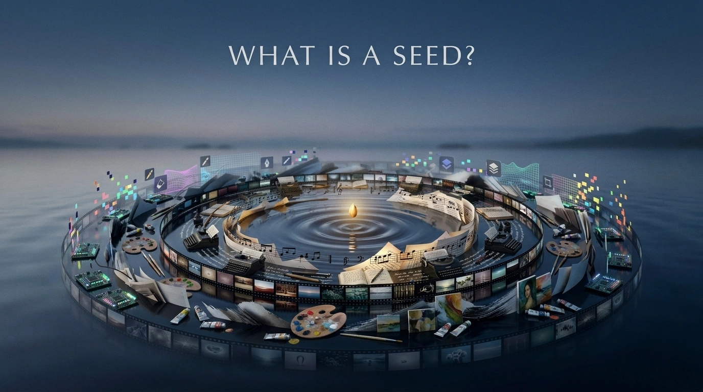 a metaphor image showing that a seed is an idea that can inspirt other ideas or creative work: A seed above water where ripples contains different kinds of creating work
