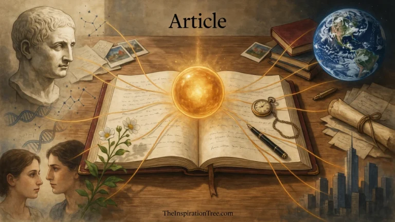 An open journal surrounded by connected imagery representing philosophy, science, history, technology, culture, nature, and human experience as different ways to explore an idea.