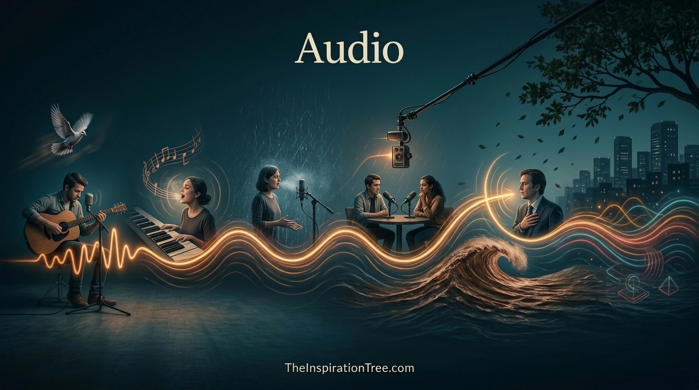 A flowing audio waveform connecting music, singing, spoken word, podcasting, dramatic narration, field recordings, soundscapes, and experimental sound.