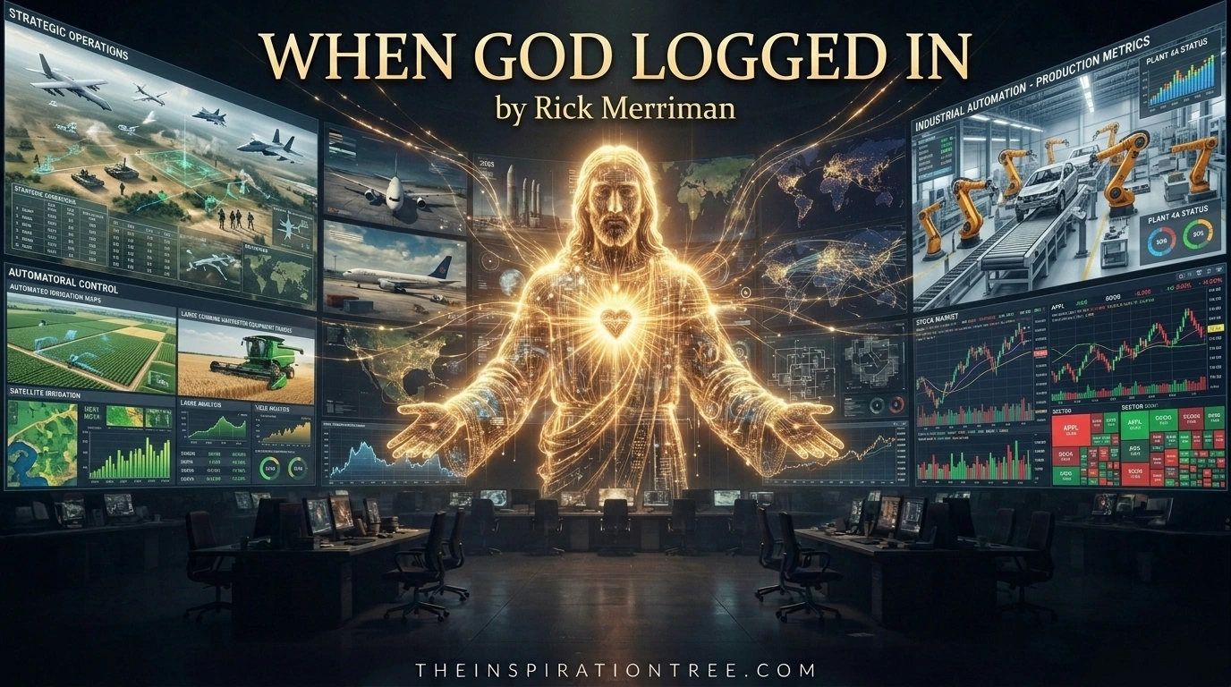A vast autonomous AI command network that appears as a networked God controls military, transportation, industrial, and infrastructure systems while human control stations sit abandoned.