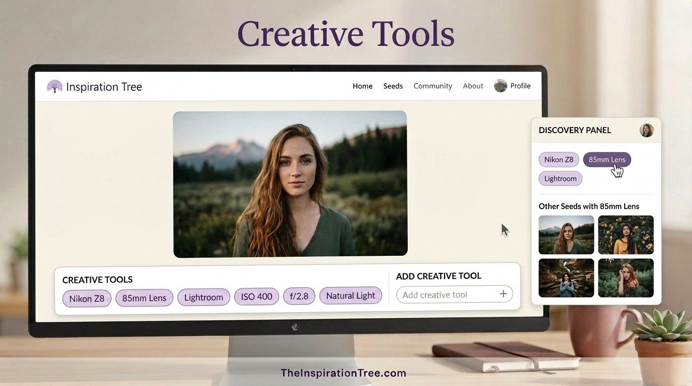 The Inspiration Tree concept showing Creative Tool Tags for the camera, lens, software, settings, and techniques used to create a Photography Seed.