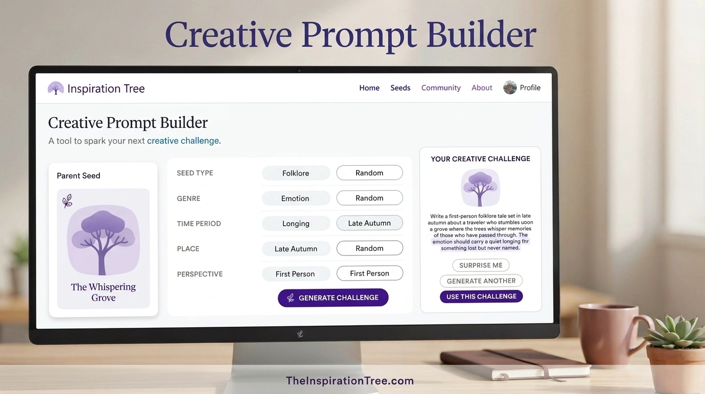 mock up of a proposed creative prompt builder for The Inspirations tree site