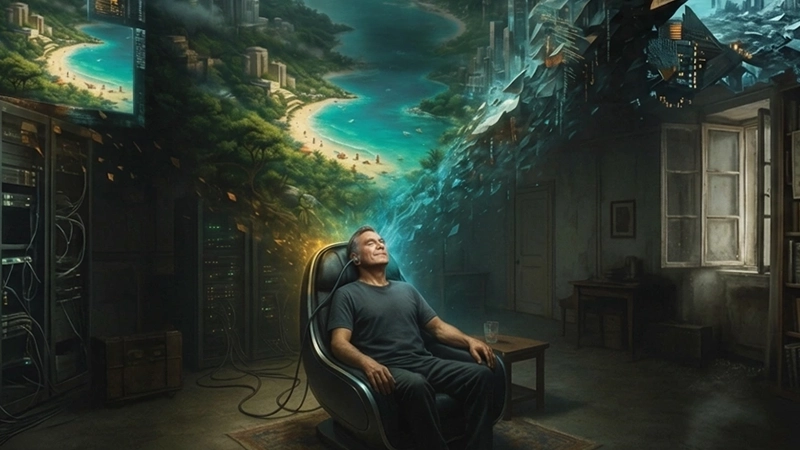 A man sits connected to virtual reality while his dark physical surroundings dissolve into a beautiful tropical world.