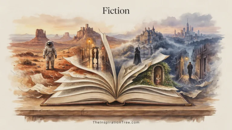 An open book giving rise to interconnected fictional worlds, characters, mysteries, relationships, and imagined possibilities across many storytelling genres.