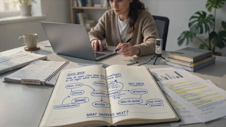 the desk on a non-fiction writer with a notebook open showing all the differect directions one seed idea can lead too