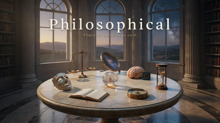 A person contemplating a surreal landscape of reflections, branching paths and the universe, representing philosophical questions about consciousness, truth, reality and meaning.