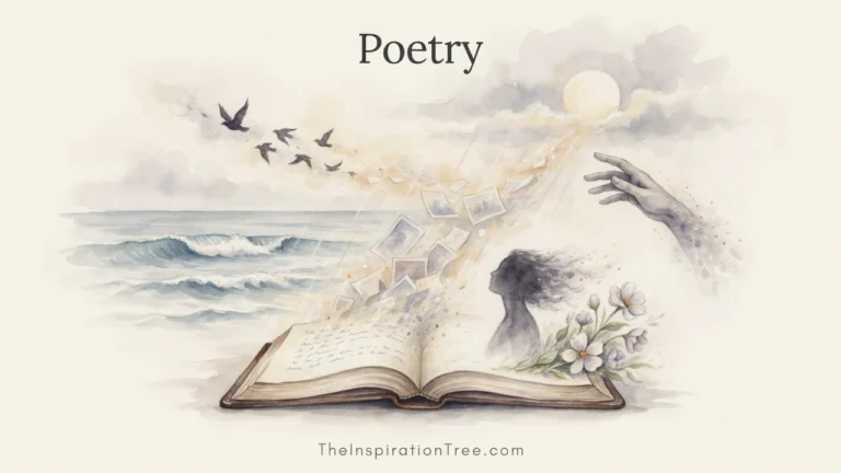 An open poetry journal with written words transforming into evocative images of people, nature, memory, emotion, and imagination.
