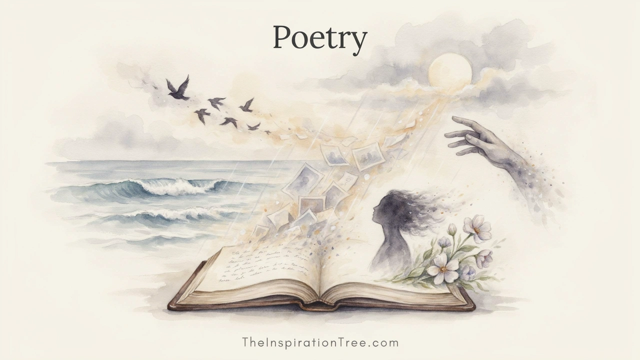 An open poetry journal with written words transforming into evocative images of people, nature, memory, emotion, and imagination.