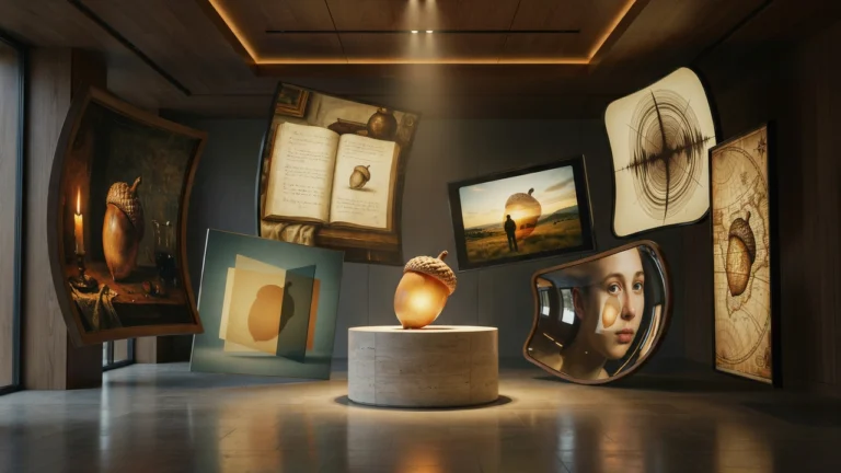 a gallery of mirrors all reflecting a seed with different interpretations