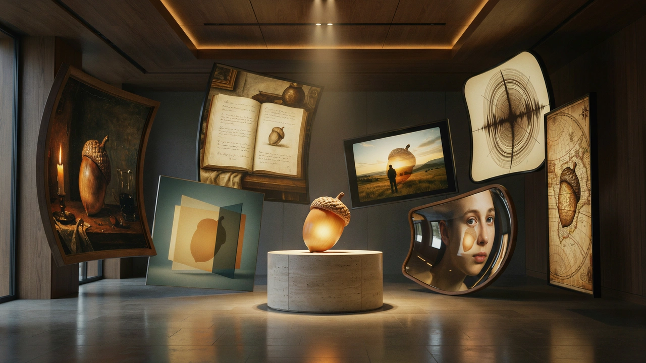 a gallery of mirrors all reflecting a seed with different interpretations