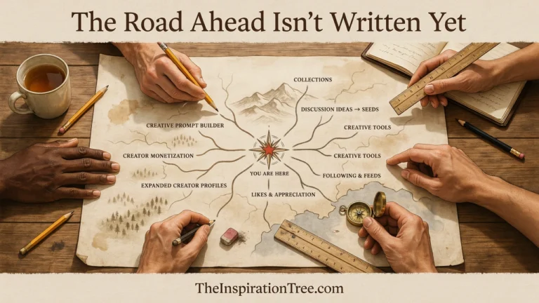 An unfinished map with branching paths leading toward possible future features for The Inspiration Tree while multiple hands help determine and draw the routes ahead.
