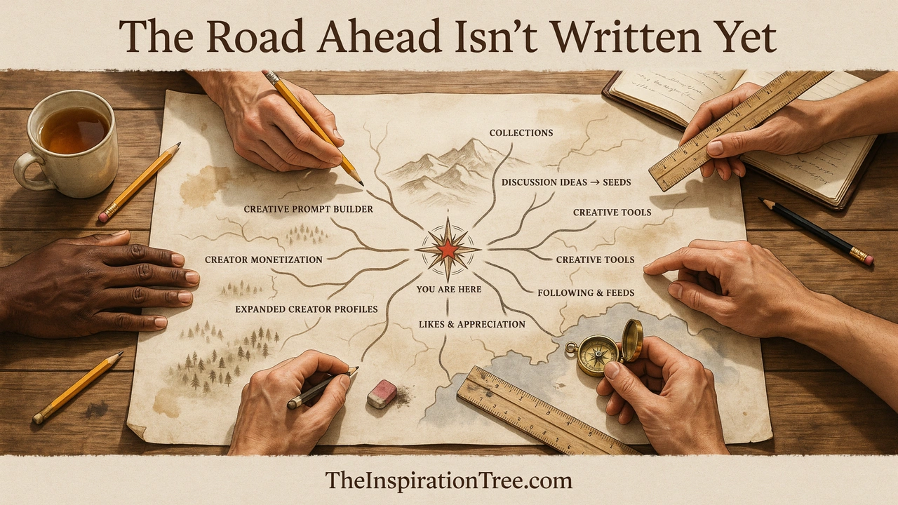 An unfinished map with branching paths leading toward possible future features for The Inspiration Tree while multiple hands help determine and draw the routes ahead.