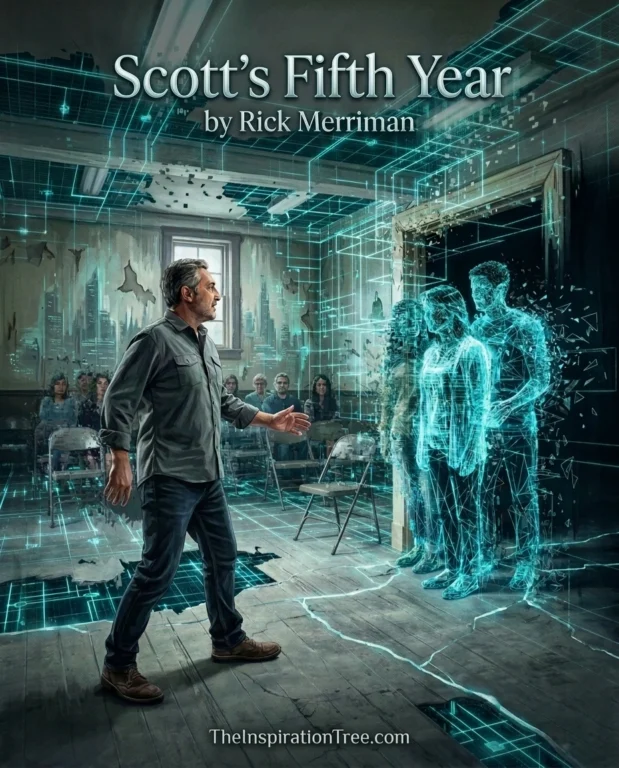 Scott reaches toward his smiling ex-wife and children as they and the Virtual Anonymous meeting begin dissolving into code.