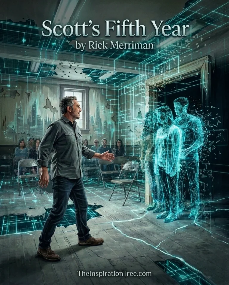 Scott reaches toward his smiling ex-wife and children as they and the Virtual Anonymous meeting begin dissolving into code.