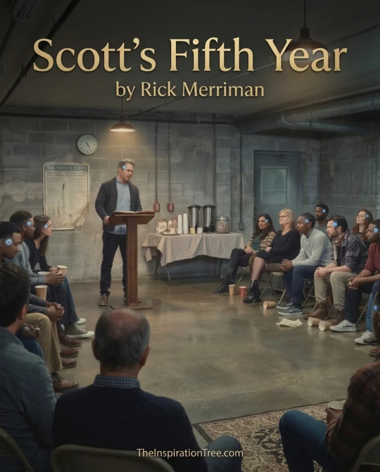 Scott stands before a church basement recovery meeting as fellow virtual reality addicts listen with quiet hope.