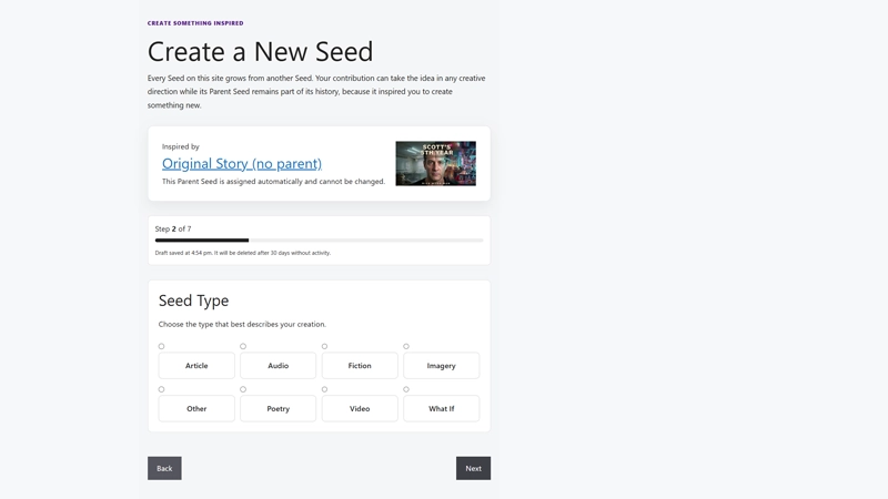 web page showing the Seed type forr your submission