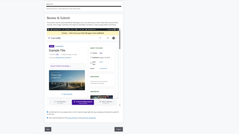 web image showing how to do a final review of submitted Seeds and submit them