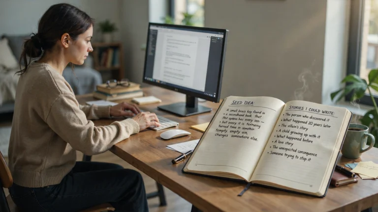 an author writing at her computer. In the foreground is a notebook showing the seed idea and the types of stories she could write based on the seed idea.