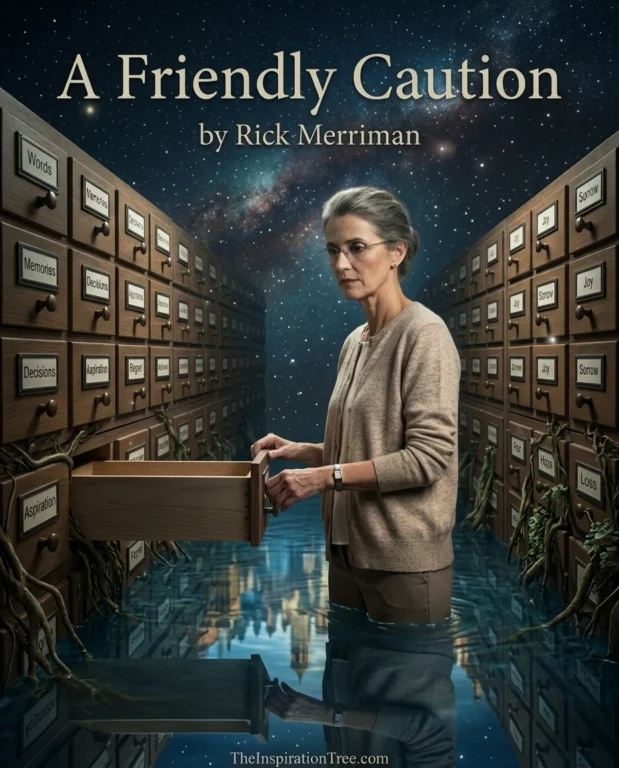 A university counselor opens an empty drawer in a surreal dream of a room filled with drawers representing words, memories, and decisions.